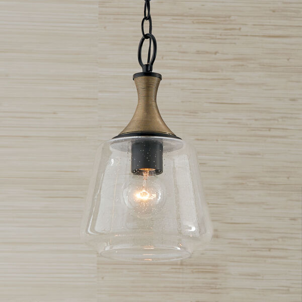Amara Matte Black with Brass One-Light Pendant with Diamond Embossed Glass and Black Braided Cord, image 2