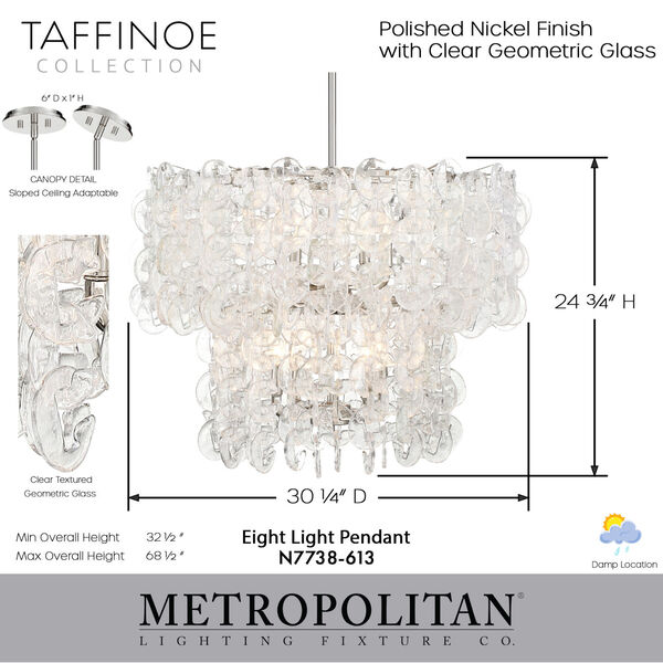 Taffinoe Polished Nickel Eight-Light Geometric Glass Pendant, image 2