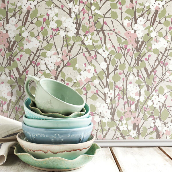 Willow Branch Beige, Green And Pink Peel And Stick Wallpaper, image 2