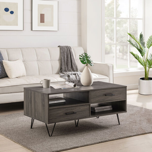 Croft Slate Gray Two-Drawer Coffee Table with Hairpin Legs, image 3
