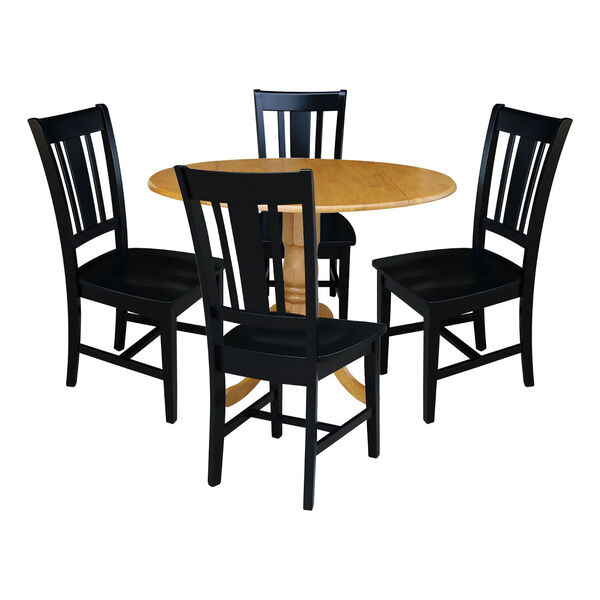 Oak and Black 42-Inch Dual Drop Leaf Table with Four Splat Back Dining Chair, Five-Piece, image 1