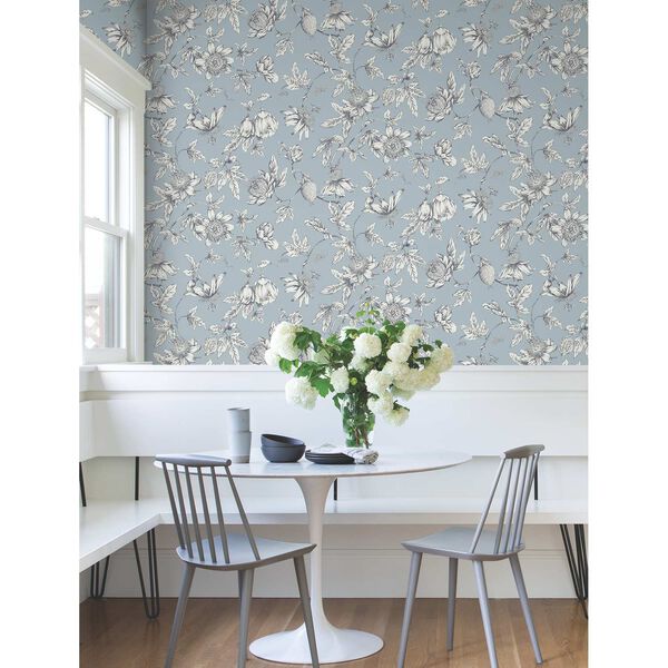 Passion Flower Toile Sky Blue Wallpaper, image 1