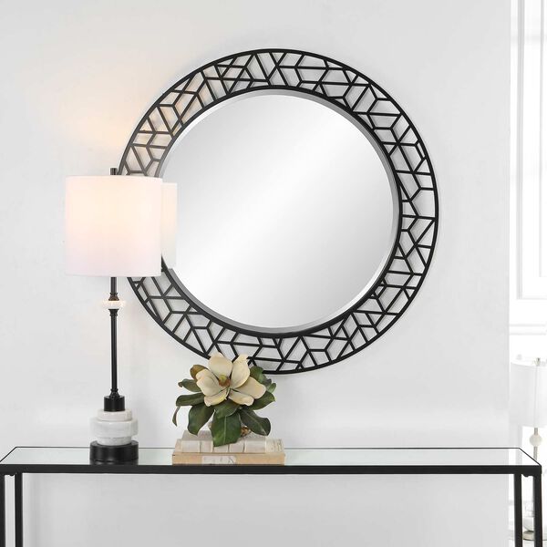 Mosaic Satin Black Metal Round Wall Mirror, image 1