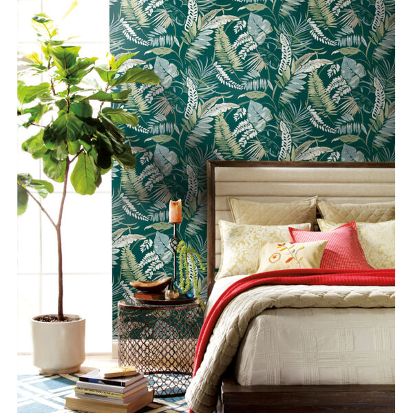 Tropics Dark Green Tropical Toss Pre Pasted Wallpaper, image 1