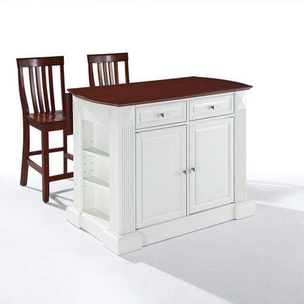 Drop Leaf Breakfast Bar Top Kitchen Island in White Finish with 24-Inch Cherry School House Stools, image 2