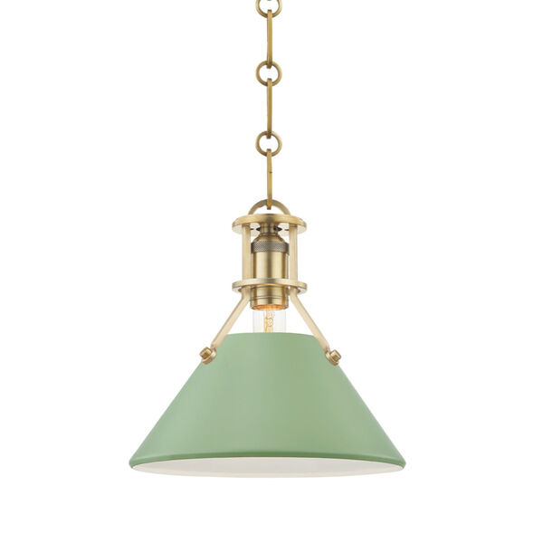 Painted No.2 Aged Brass 10-Inch One-Light Pendant with Leaf Green Steel Shade, image 1