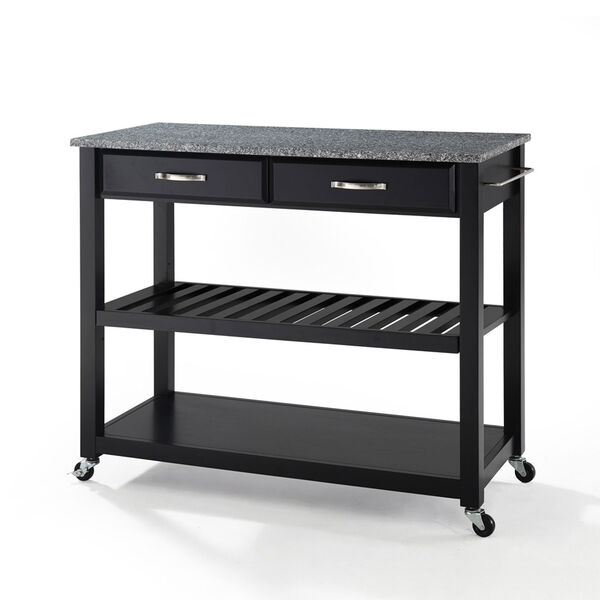 Solid Granite Top Kitchen Cart/Island With Optional Stool Storage in Black Finish, image 1