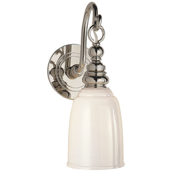 Boston Loop Arm Sconce in Polished Nickel with White Glass by Chapman and Myers, image 1