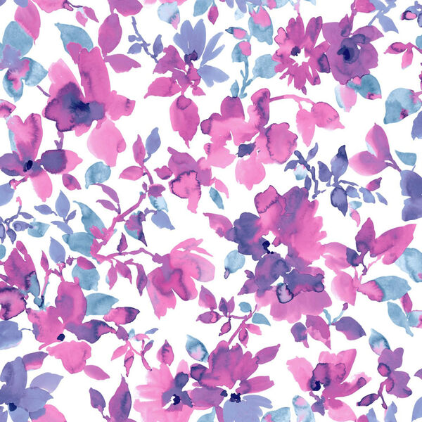 Watercolor Pink and Blue Floral Peel and Stick Wallpaper, image 1