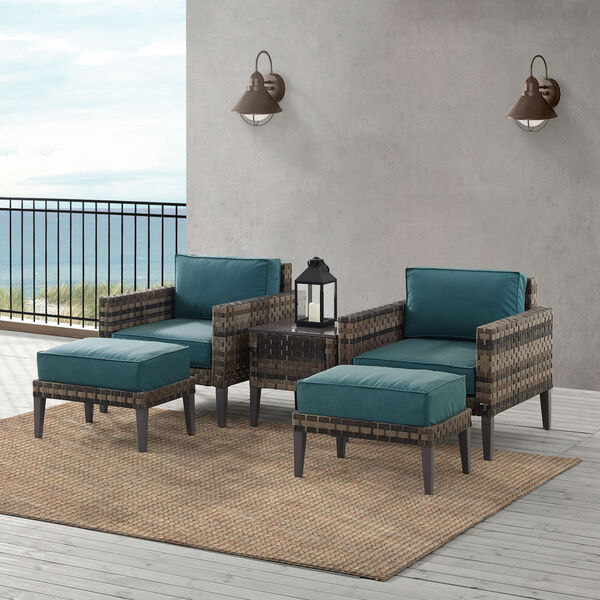 Prescott Five-Piece Outdoor Wicker Armchair Set with Side Table and Ottoman, image 1