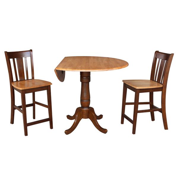 Cinnamon and Espresso 36-Inch High Round Pedestal Counter Height Table with Stools, 3-Piece, image 1