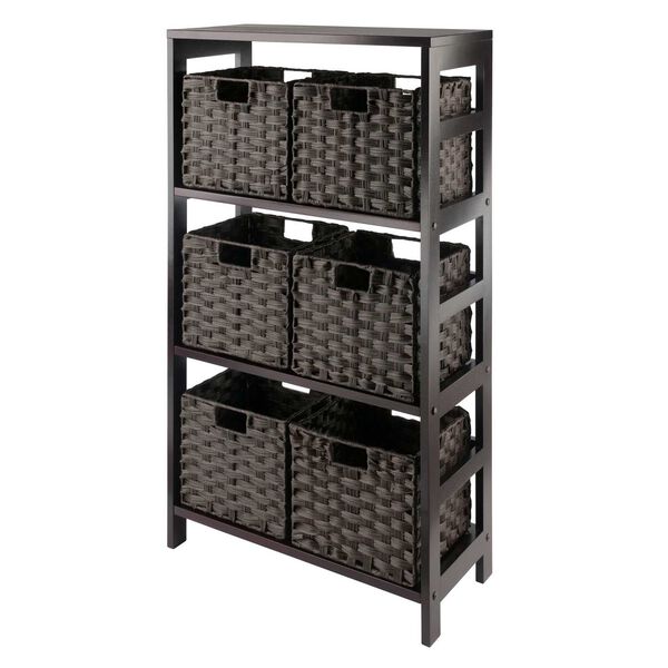 Leo Espresso Storage Shelf with Six Foldable Woven Baskets, 7-Piece, image 1