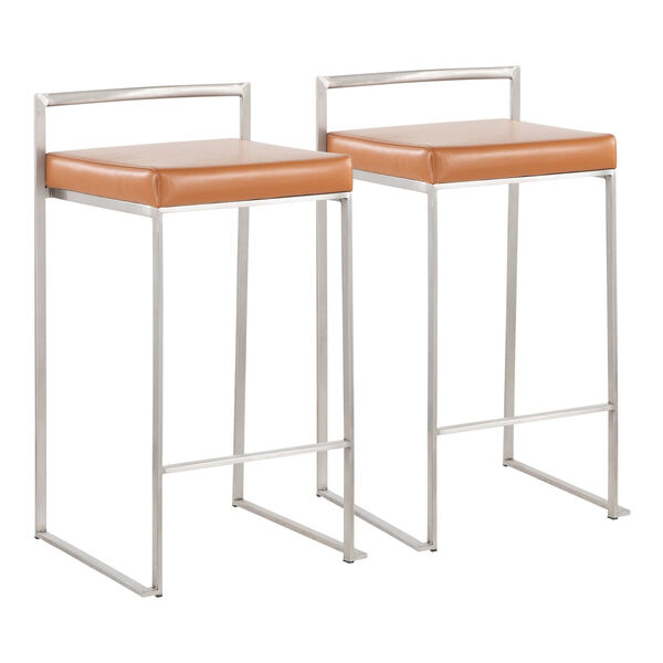 Fuji Brushed Stainless Steel and Camel Stacker Counter Stool, Set of 2, image 1