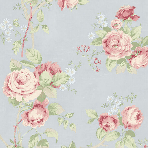 Linen Rose Blue, Green and Pink Wallpaper, image 1