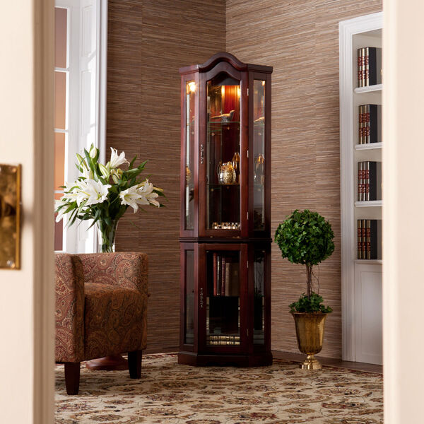 Mahogany Lighted Corner Curio Cabinet, image 1