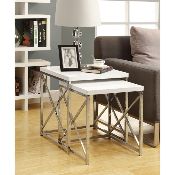 Nesting Table - 2 Piece Set / Glossy White / Chrome Metal, image 1