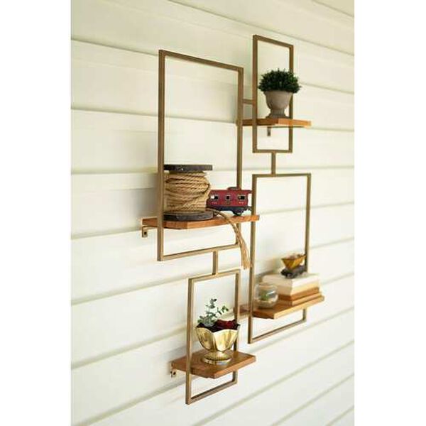 Gold Iron and Wood Wall Unit with 4 Shelves, image 1