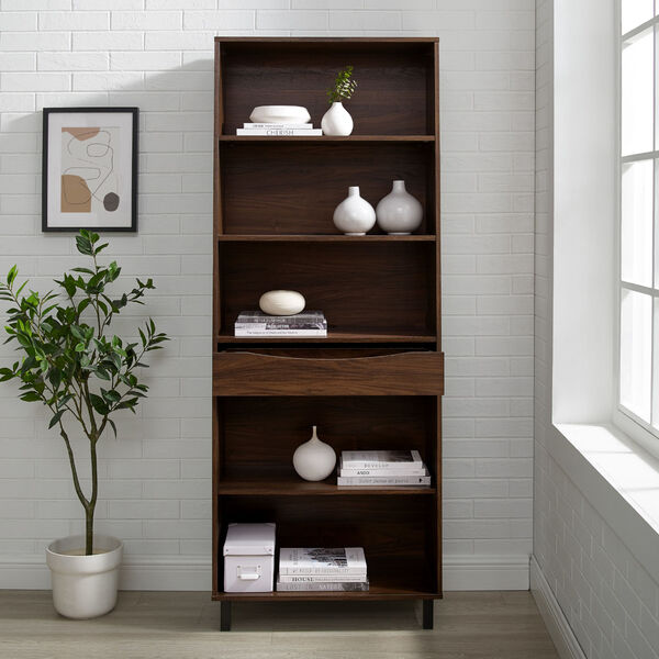 Ryder Dark Walnut Five-Shelf Bookcase with Drawer, image 1