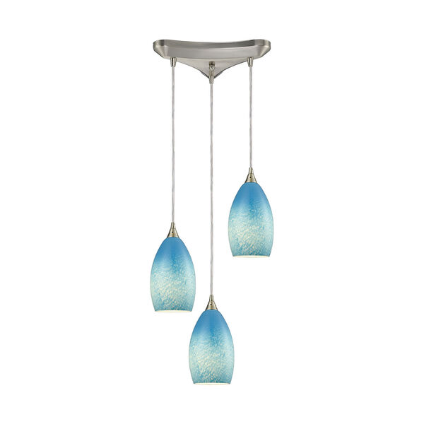 Earth Satin Nickel 11-Inch Three-Light Pendant with Whispy Cloud Sky Blue Glass Shades, image 1