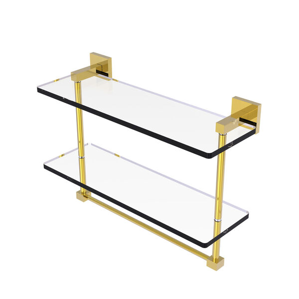Montero Polished Brass 16-Inch Two Tiered Glass Shelf with Integrated Towel Bar, image 1