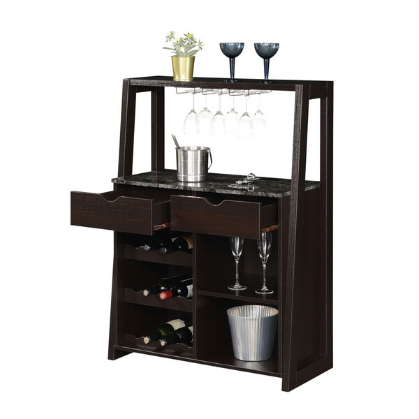 Uptown Faux Black Marble and Espresso Wine Bar with Cabinet, image 4
