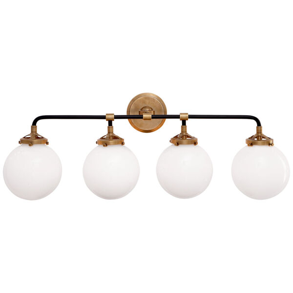 Bistro Four Light Bath Sconce in Hand-Rubbed Antique Brass and Black with White Glass by Ian K. Fowler, image 1