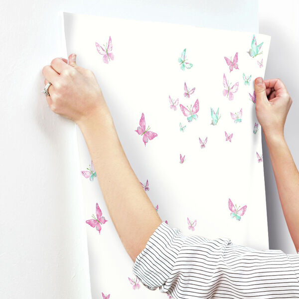 A Perfect World Magenta and Green Watercolor Butterflies Wallpaper - SAMPLE SWATCH ONLY, image 3