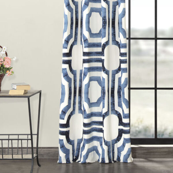 Blue and White Grommet Printed Cotton Curtain Single Panel, image 3