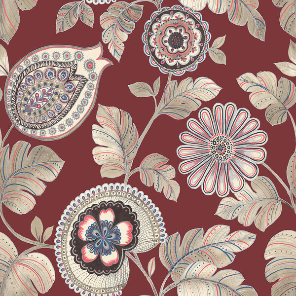 Boho Rhapsody Cabernet and White Paisley Leaf Unpasted Wallpaper, image 2