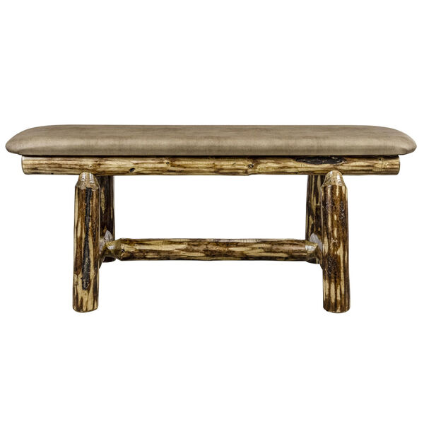 Glacier Country Stain and Lacquer Plank Style Bench with Buckskin Upholstery, image 2