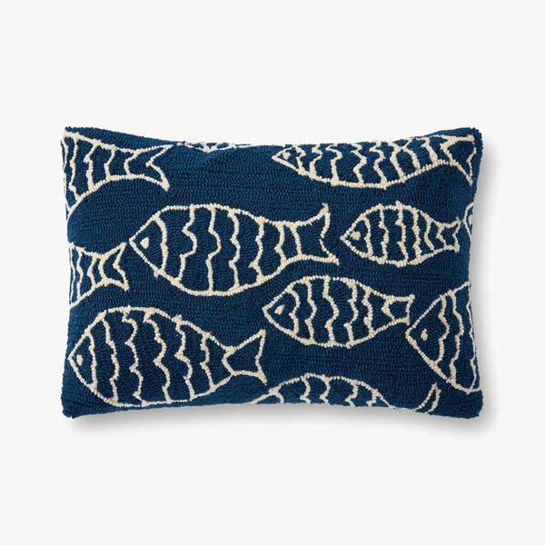 Navy Indoor/Outdoor Hand Hooked Fish Pattern Decorative Pillow, image 1