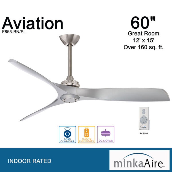 Aviation 60-Inch Ceiling Fan in Brushed Nickel with Three Silver Blades, image 9