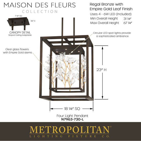 Maison Des Fleurs Regal Bronze with Empire Gold 18-Inch LED Pendant, image 3