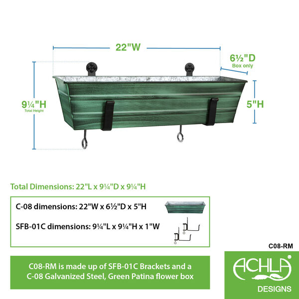 Green Patina 22-Inch Flower Box with Clamp-On Bracket, image 2