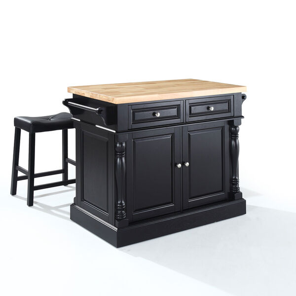 Butcher Block Top Kitchen Island in Black Finish with 24-Inch Black Upholstered Saddle Stools, image 1
