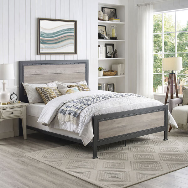 Queen Size Industrial Wood and Metal Bed - Grey Wash, image 1