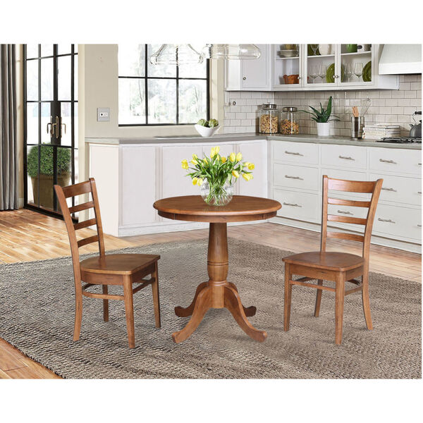 Emily Distressed Oak 30-Inch Round Top Pedestal Table with Two Chair, Set of Three, image 1