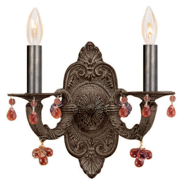 Sutton Venetian Bronze Natural Wrought Iron Two-Light Wall Sconce with Murrano Crystal, image 1
