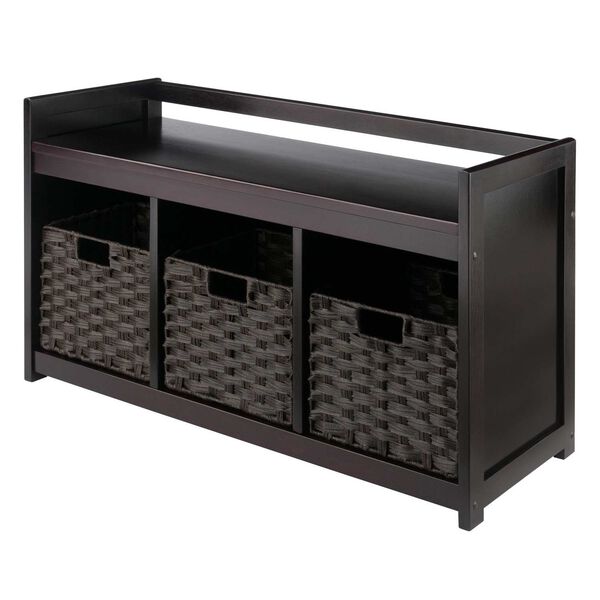 Addison Espresso Storage Bench with Three Foldable Woven Baskets, image 1