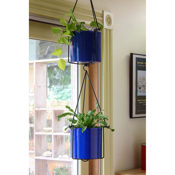 Vera French Blue and Galvanized Steel Hanging Planter with Pot, image 3