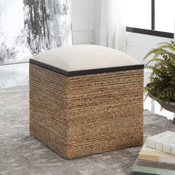 Island Natural and White Square Straw Ottoman, image 1