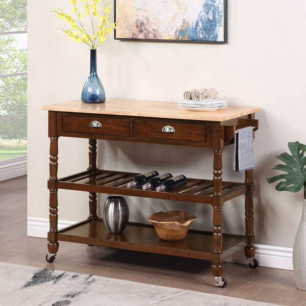 French Country Butcher Block Three-Tier Butcher Block Kitchen Cart with Drawers, image 1