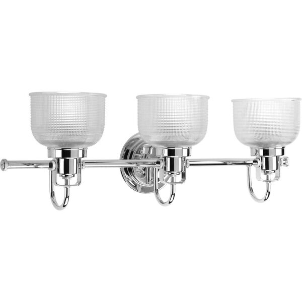 Archie Polished Chrome Three-Light Bath Fixture with Clear Double Prismatic Glass Shades, image 3