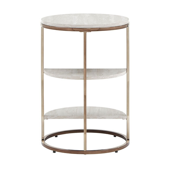 Olympia Champagne Gold and White Side Table with Faux Marble Top and Shelf, image 3