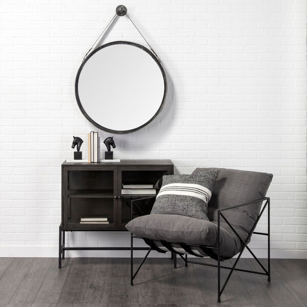 Northdale Black Round Metal Frame Wall Mirror with Leather Strap, image 5
