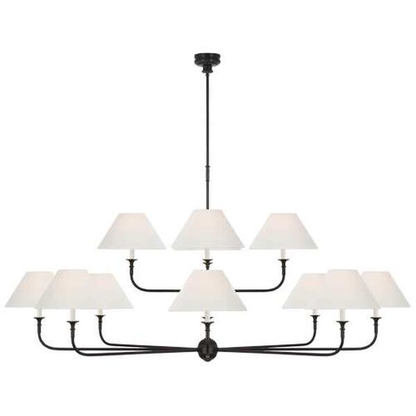 Piaf Aged Iron and Ebonized Oak 12-Light Oversized Two Tier Chandelier with Linen Shades by Thomas O'Brien, image 1