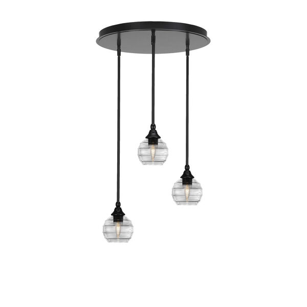 Empire Matte Black Three-Light Cluster Pendalier with Six-Inch Clear Ribbed Glass, image 1
