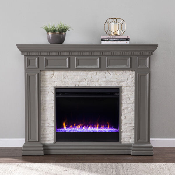 Dakesbury Gray Color Changing Fireplace with Faux Stone, image 4