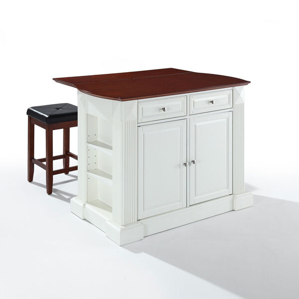 Drop Leaf Breakfast Bar Top Kitchen Island in White Finish with 24-Inch Cherry Upholstered Square Seat Stools, image 1