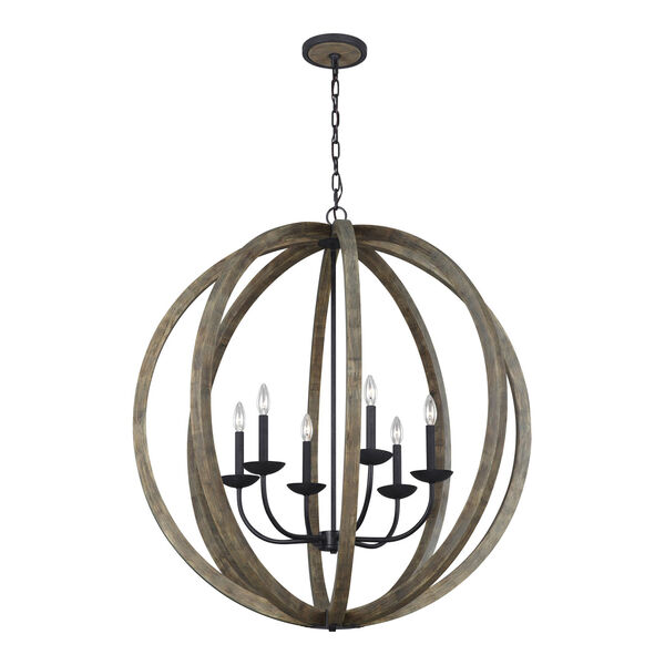 Allier Weathered Oak Wood and Antique Forged Iron 38-Inch Six-Light Pendant Chandelier, image 1